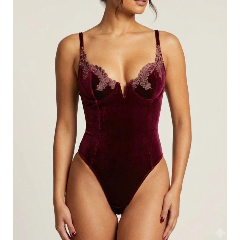 Vintage Y2K Victoria’s Secret 34B Velvet Bodysuit Burgundy Gold Underwire Thong